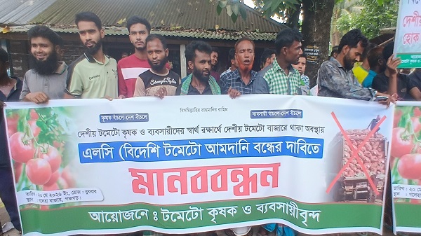 পঞ্চগড়ে টমেটো আমদানির এলসি বন্ধের দাবিতে কৃষক ও ব্যবসায়ীদের মানববন্ধন